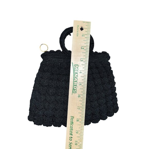 Vintage Black Crocheted Popcorn Stitch Handbag Small Purse Mid Century Used - Picture 9 of 16